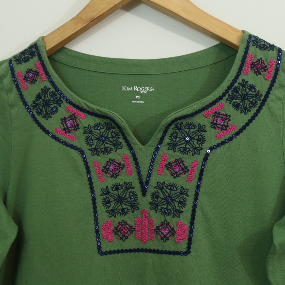 Kim Rogers Cotton Green Sequin Embroidered Top - Picture 3 of 9